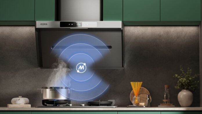 4_MODENA Chimney Cooker Hood dan Built-in Hob pada Velvet Series saling terkoneksi untuk menyesuaikan daya hisap asap berdasarkan intensitas api